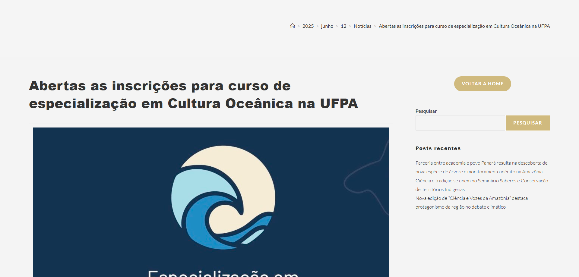 Abertas as inscrições para curso de especialização em Cultura Oceânica na UFPA